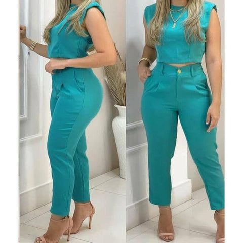 calça cintura alta, azul Tiffany