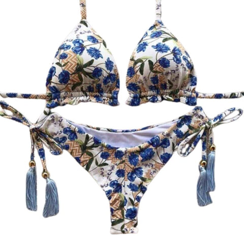 Biquíni asa delta estampado flores azuis