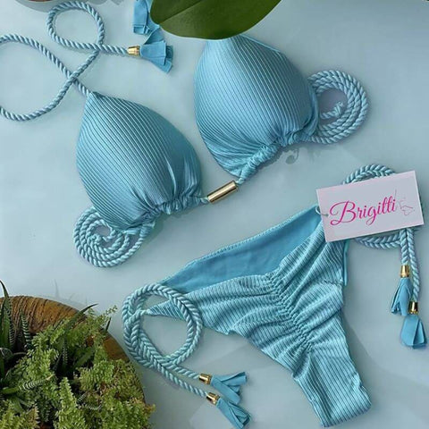 biquíni cortininha fio dental azul claro Brigitti