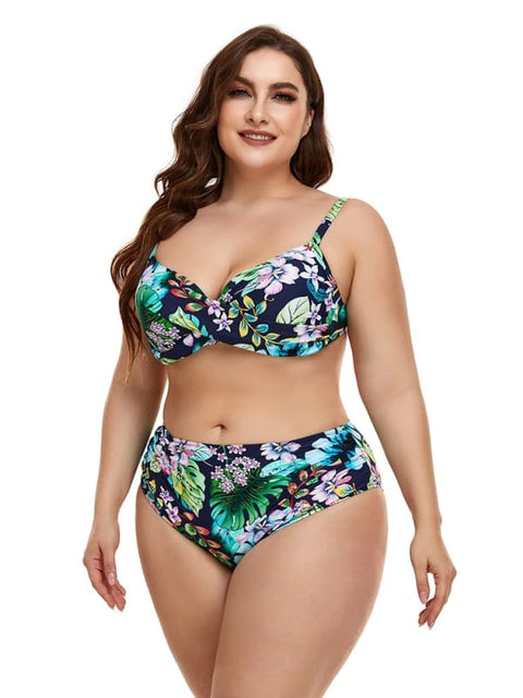 biquíni plus size, Cintura Alta Verde E Azul Florido / Gg